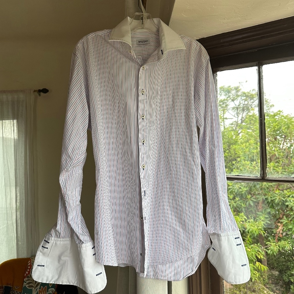 BALMAIN  RED WHITE AND BLUE STRIPED DRESS SHIRT